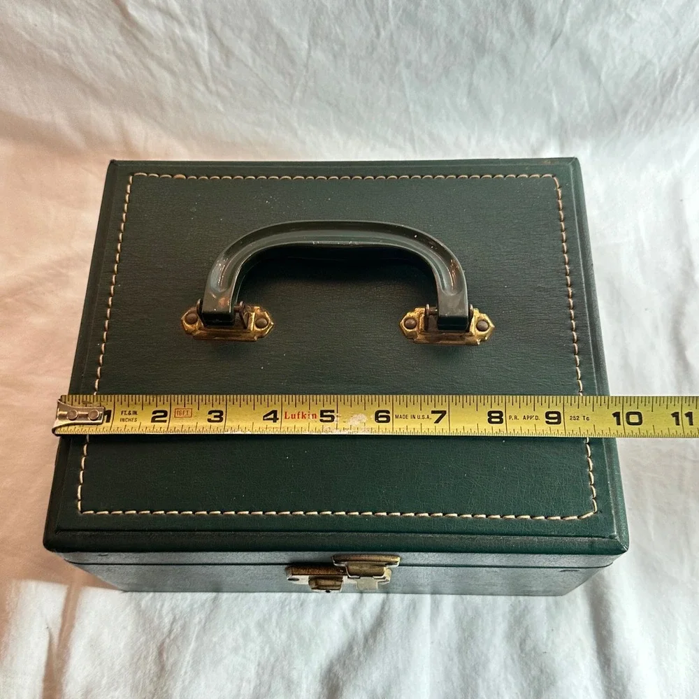 Vintage Jewelry Box Forest Green Good Faux Leather Brass Latch Top Handle Case